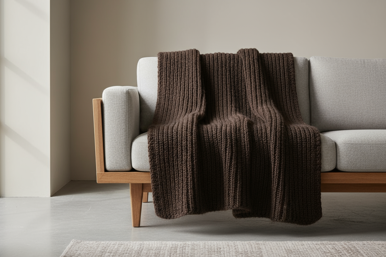 (1) Generate a realistic, high-resolution e-commerce image of the Alpaca Rib Throw in Dark Brown.
(2) Show the throw neatly folded or draped, highlighting the rib knit texture.
(3) Make it appear soft, luxurious, and premium, with visible alpaca fibers.
(4) Use a modern, upscale interior with soft natural lighting.
(5) No people, focus only on the product.
(6) Ensure it looks authentic and professional, suitable for B2B wholesale catalogs.