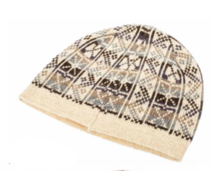 Jacquard knitted hat with ethnic patterns in a soft alpaca, silk, and cashmere blend