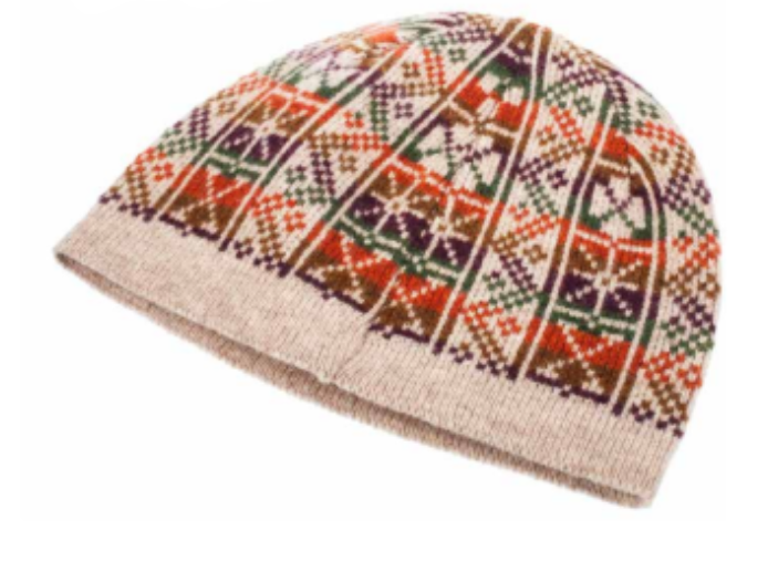 Jacquard knitted hat with ethnic patterns in a soft alpaca, silk, and cashmere blend