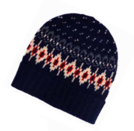 Jacquard knitted hat with ethnic patterns in a soft alpaca, silk, and cashmere blend