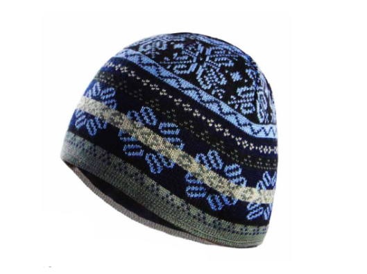 Contemporary jacquard knit hat in a blend of alpaca, Tencel, and bamboo fibers.
