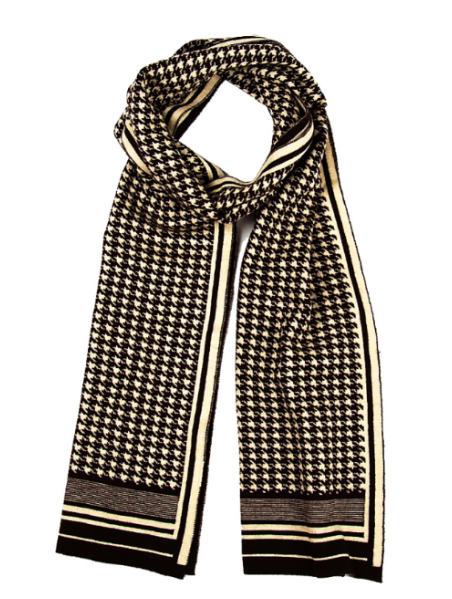 Knitted scarf with geometric patterns, crafted from soft alpaca, bamboo, and silk.