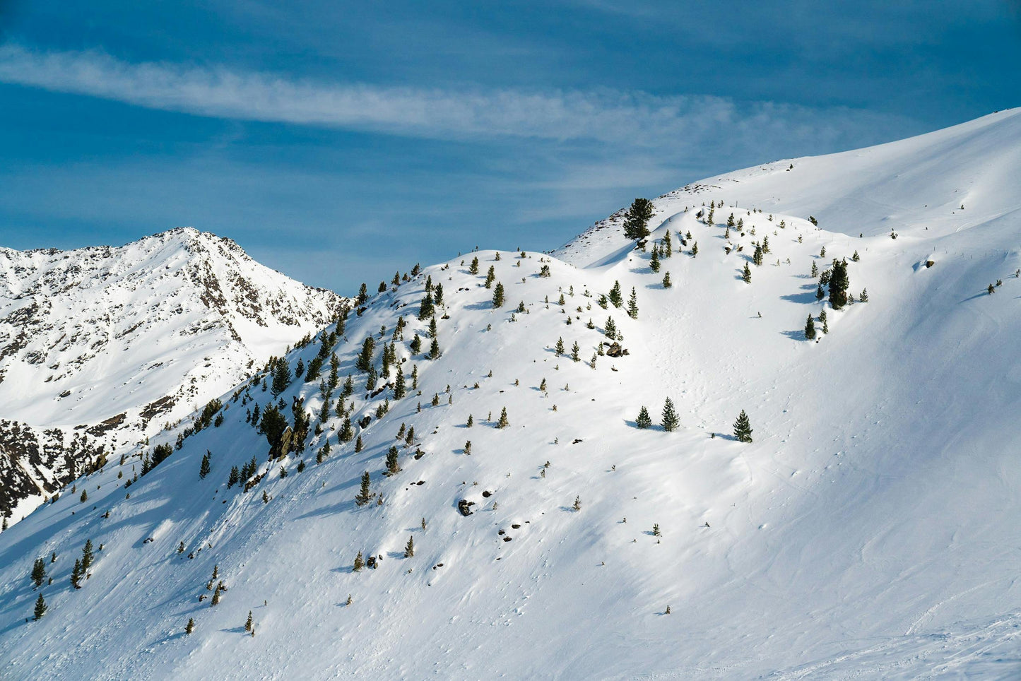 Snowy mountain landscape with trees under a blue sky