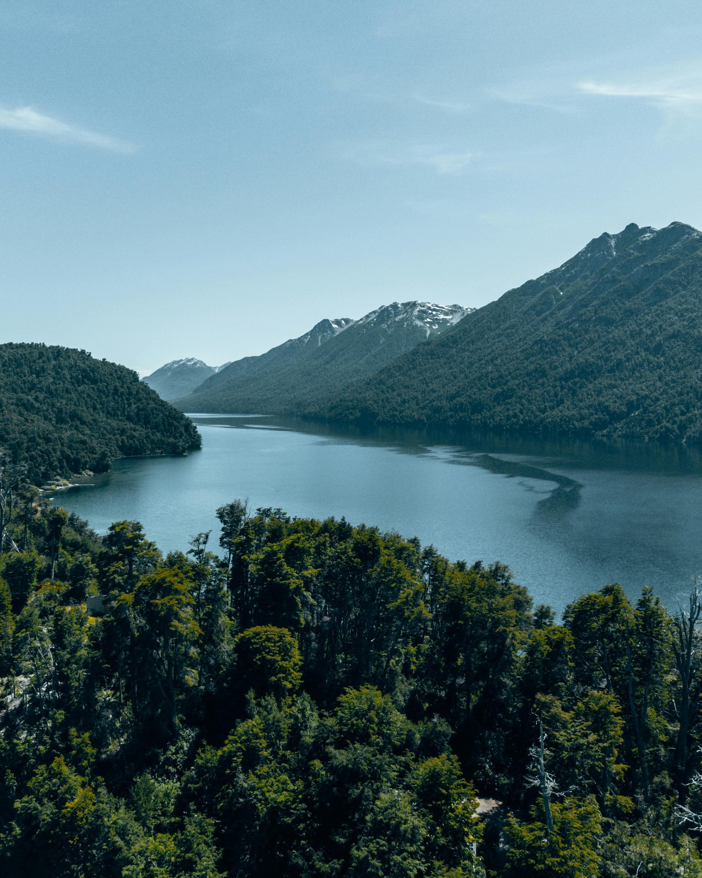 Lake surrounded by mountains and trees under a clear blue sky