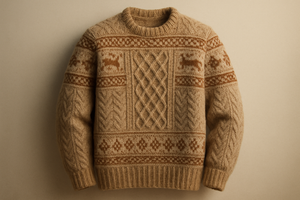 Alpaca and merino blended sweater, natural beige and vicuña tones, realistic texture, soft lighting, old fashion style, adaptable
It needs to look english style, nice different patterns