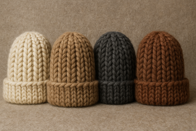 "Chunky heavy knitted alpaca hats and beanies, premium look, multiple colors. Luxury old-fashion style, centered, horizontal orientation. Display textures clearly."