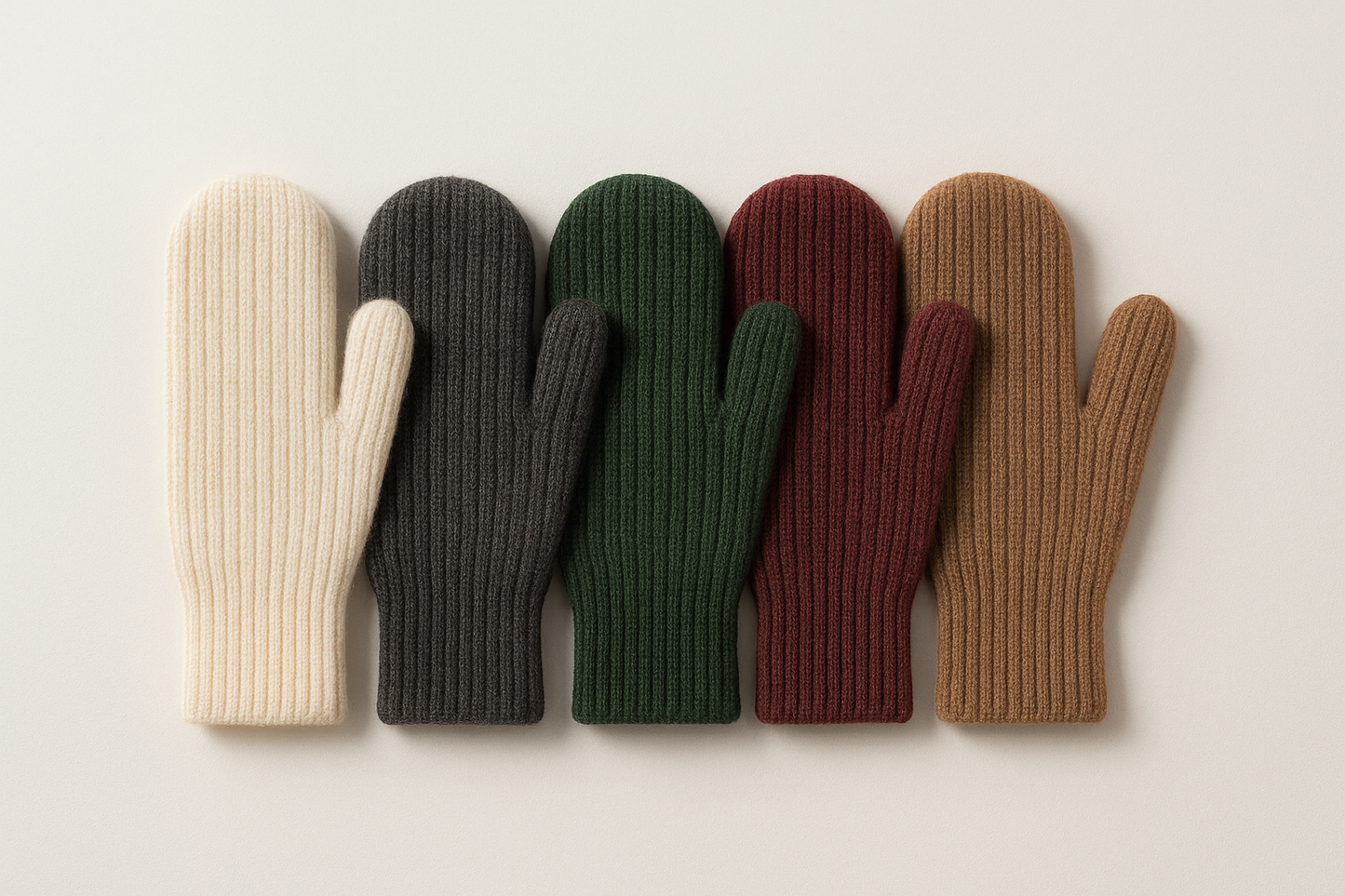 Clean product photo of Hearth Rib Mittens displaying all five colorways in one frame, laid flat to show the rib structure. Prompt must state “machine-knitted with modern flat machines; premium baby alpaca blend.” Subtle soft lighting, square 2048×2048.
Filename: alpaca-wholesale-mittens-hearth-rib.jpg
Alt text: Hearth Rib Mittens - wholesale alpaca mittens in 5 colors, rib machine-knit