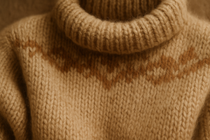 Close-up of alpaca sweater with subtle printed pattern, natural beige and vicuña shades, showing texture and fiber detail, realistic, elegant old fashion style, responsive for desktop, tablet, and mobile.
It needs to look ultra super chunky