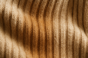 Close-up of ribbed alpaca sweater texture, beige and vicuña colors, realistic knitting details, soft lighting, old fashion style, adaptable to all screen sizes.