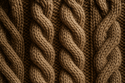 Create a high-resolution fabric detail photo of a heavy-weight alpaca knit, thick and plush with deep texture.
Use rich beige, taupe, and brown tones for a cozy, luxurious aesthetic.
The knit should show chunky cables or structured patterns, evoking warmth and durability for winter alpaca wear.
Lighting should emphasize depth and fiber richness.
Keywords: heavy alpaca knit, chunky texture, warm fabric, alpaca wool heavy gauge, luxury knitwear wholesale.