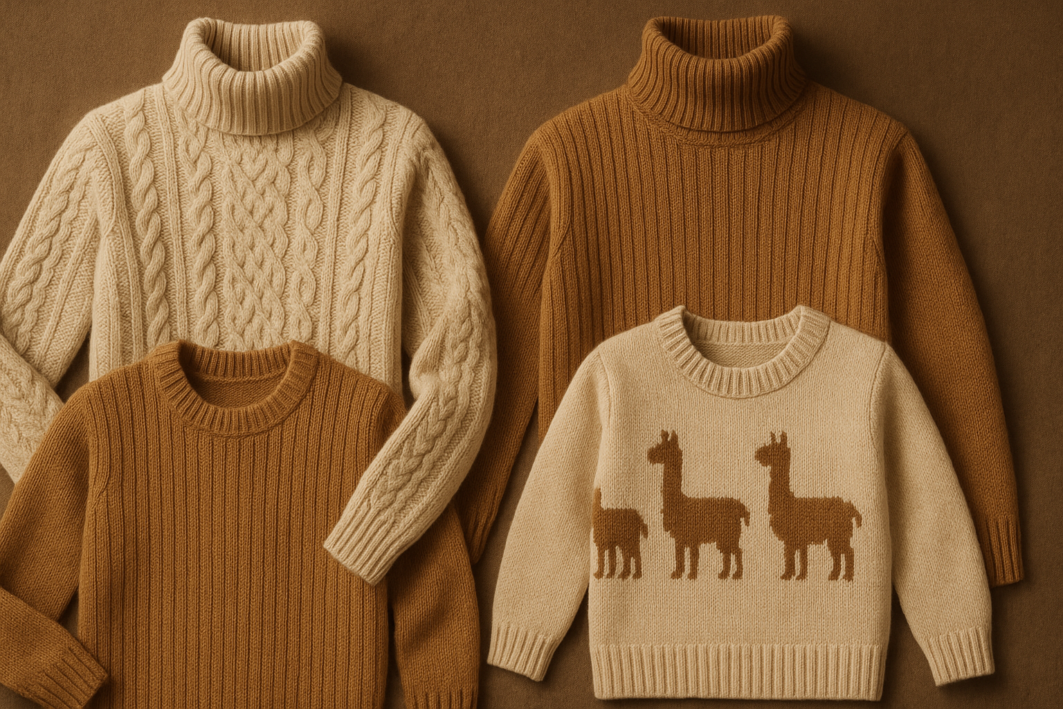 "Create a horizontal banner image for the top of the Alpaca Sweaters page. Feature men's, women's, and children's alpaca sweaters in natural beige and vicuña tones, with different textures like cable knit, ribbed patterns, and alpaca print patterns. Include turtleneck, crew neck, and patterned sweaters. Style should be elegant old fashion style, realistic, soft lighting, adapted to desktop, tablet, and mobile.