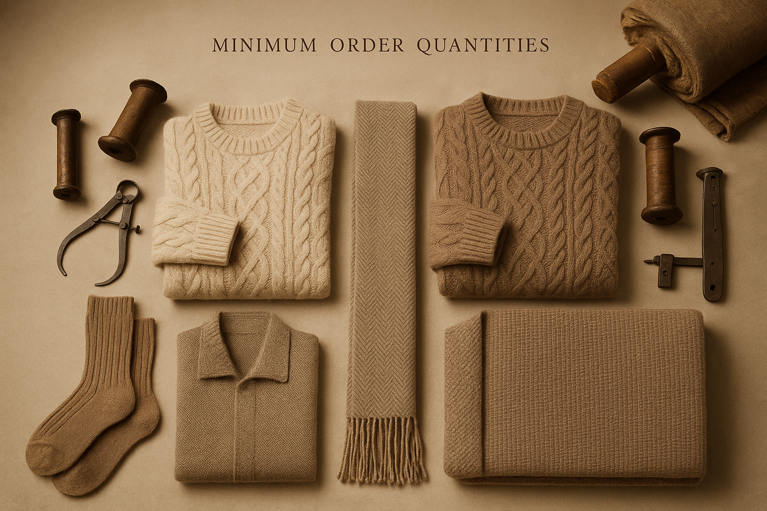 Create a luxury old-fashion textile factory style hero banner showing elegant alpaca products — socks, sweaters, scarves, and blankets — arranged neatly on a neutral beige background. Warm soft lighting, natural fibers texture, refined and classic composition. Include subtle text overlay space for “Minimum Order Quantities”.
It must have different knit patterns and designs
All in elegant old fashion background style