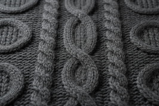 Create a macro photo of the Cable Knit Alpaca Sweater – Charcoal (#3C3C3C) focusing on the cable knit texture and fiber softness. The shot should capture the density and definition of the knit pattern. Lighting soft and directional to emphasize weave depth. Output: square 2048x2048 px.
