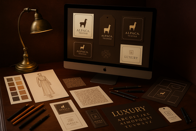 Create a stylish image of a designer’s workspace with sketches, color swatches, pencils, and mockups of textile labels on paper and screen.
Include small logos with alpaca symbols, luxury-style typography, and elegant packaging drafts.
Maintain an old-fashioned luxury mood with a dark, rich background, warm lighting, and refined textures.
The atmosphere should communicate creativity, exclusivity, and brand customization possibilities.