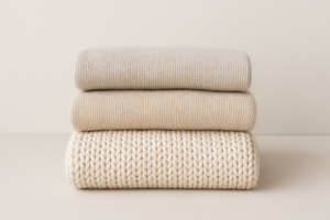 Display three folded sweaters stacked by thickness (fine, medium, chunky). Neutral background, natural wool tones, realistic shadows.