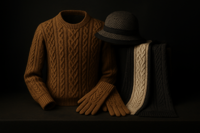 I want you to create an image for the following yarn blend: Summer Royal
Made of: 20% Vicuña
50% Silk
30% Bamboo
Develop the image in vicuña color tones and black grey tones
You must show a special knit in Sweaters, Hats, Gloves and scarves
All in dark background
Old fashion style