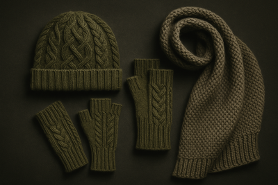 I want you to create an image for the following yarn blend: Winter Exclusive
Made of: 40% Superfine Alpaca
30% Merino Wool
30% Tencel
Develop the image in army green and grey tones
You must show a special knit in Hats, Gloves and scarves
All in dark background
Old fashion style