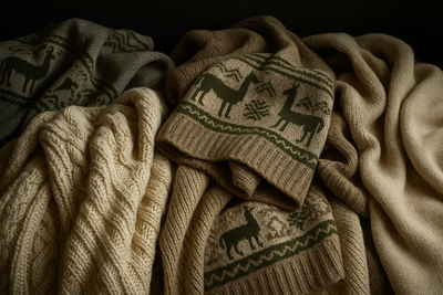 I want you to develop an image related to textiles related to the theme: Alpaca knitted blankets
It must have an old-money look
Natural colors and grey tones, army green tones
Dark background
Adaptive to mobile, tablet, and desktop
its necessary a bit of chaos
It is necessary to be realistic, no AI look
Alpaca patterns, Alpaca print models, Rib Patterns