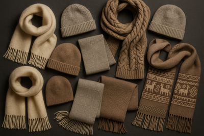 I want you to develop an image related to textiles related to the theme: Alpaca Scarves for women and men
It must have an old-money look
Natural colors and gray tones
Dark background
Adaptive to mobile, tablet, and desktop
its necessary a bit of chaos
It is necessary to be realistic, no AI look
Alpaca patterns, Alpaca Brushed models, Alpaca knitted scarves, alpaca printed knitted scarves and hats