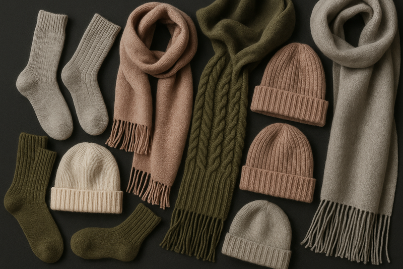 I want you to develop an image related to textiles related to the theme: Alpaca socks, scarves, hats, in different models and textures
It must have an old-money look
Natural colors, grey tones, pink tones, army green tones
Dark background
Adaptive to mobile, tablet, and desktop
its necessary a bit of chaos
It is necessary to be realistic, no AI look
Alpaca patterns, Alpaca print models, Rib Patterns