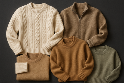 I want you to develop an image related to textiles related to the theme: Alpaca Sweaters for city and Outdoor for women and men
It must have an old-money look
Natural colors and tones
Dark background
Adaptive to mobile, tablet, and desktop
its necessary a bit of chaos
It is necessary to be realistic, no AI look
Alpaca patterns, Alpaca print patterns, Cable Knit Patterns, Zip Sweaters