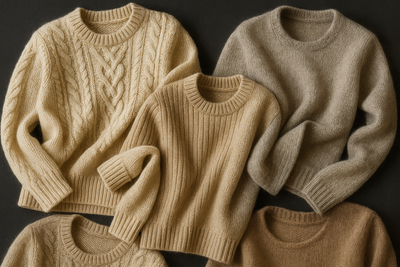 I want you to develop an image related to textiles related to the theme: Alpaca Sweaters for women
It must have an old-money look
Natural colors and grey tones
Dark background
Adaptive to mobile, tablet, and desktop
its necessary a bit of chaos
It is necessary to be realistic, no AI look
Alpaca print patterns, Alpaca print models, Rib Patterns, Cable knit models