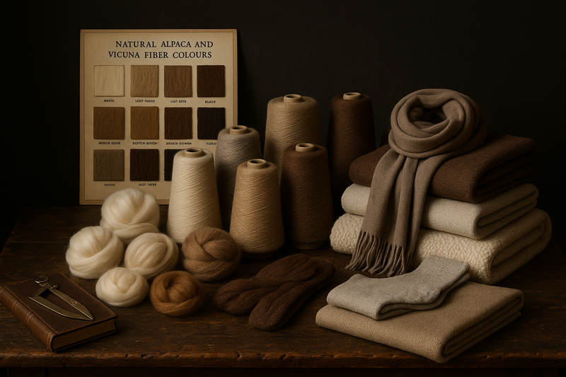 it needs to show alpaca cones, alpaca and merino tops, chart of natural colors of alpaca and vicuña, scarves, sweaters, socks, blankets