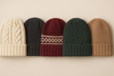 "Lightweight knitted alpaca hats and beanies in multiple colors and patterns. Luxury old-fashion style, centered, horizontal layout. Display soft textures, professional look."