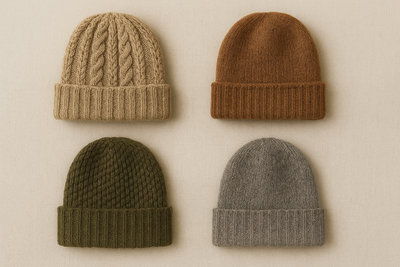 "Medium weight alpaca hats and beanies, luxury old-fashion style, multiple colors, knit patterns visible. Centered composition, professional photography style."