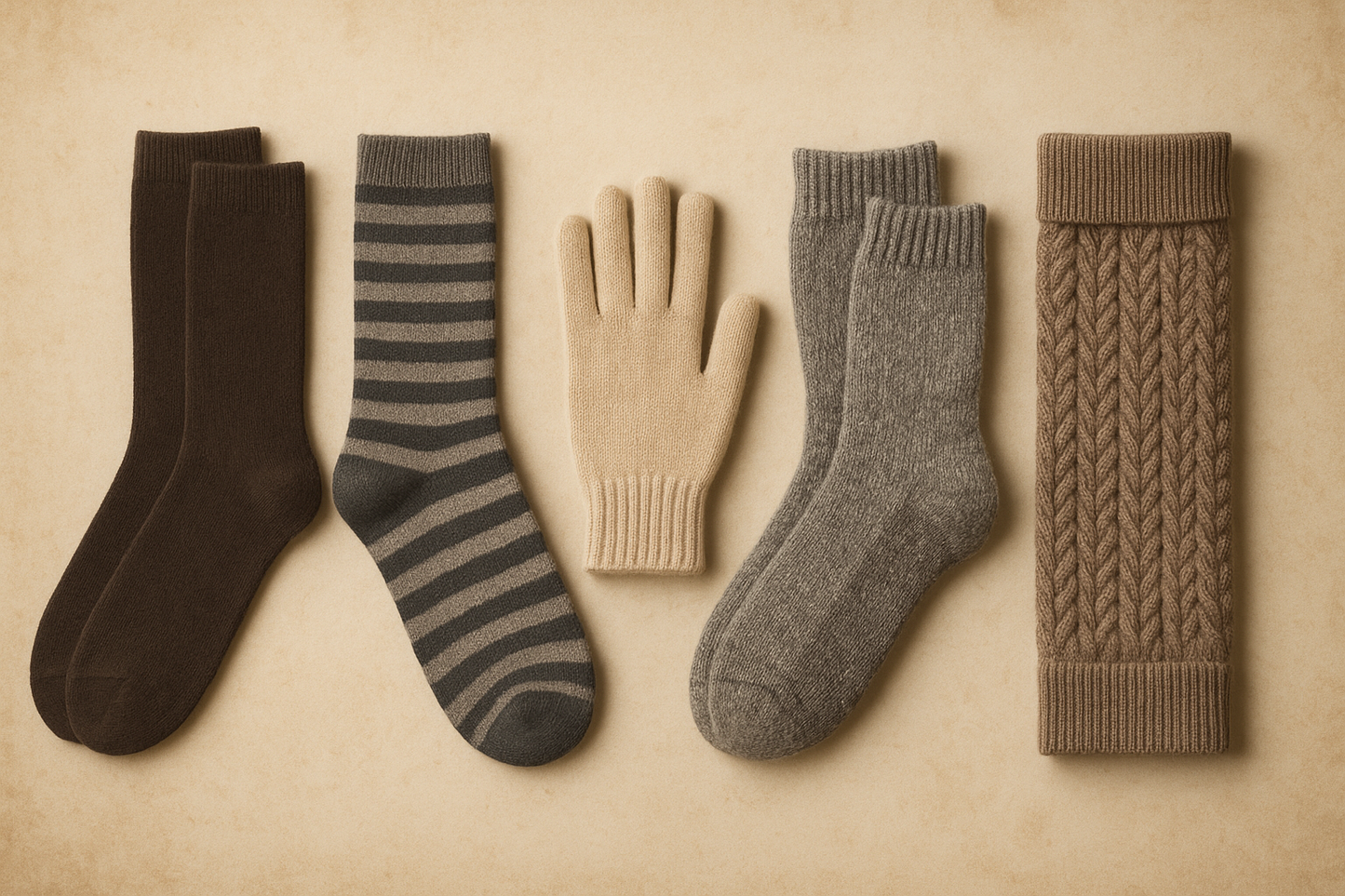 No letter gloves, no rib socks, not cable knit socks
You must show: Dress Socks plain, Striped Medium Weight Socks, Outdoor Hiking Socks, 1 pair of Gloves single color cream tones, 1 leg warmer sporty elastic and chunky look