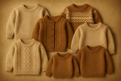 "Show a selection of children's alpaca sweaters in beige and vicuña shades, with simple and patterned textures, realistic lighting, old fashion style, square or rectangular images, fully responsive for mobile, tablet, and desktop."