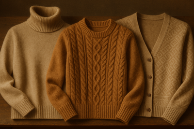 Show a selection of women's alpaca sweaters in beige and vicuña tones, including turtleneck, cable knit, and patterned styles, realistic textures, soft lighting, elegant old fashion style, square or rectangular images, fully adaptable to mobile, tablet, and desktop.