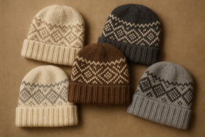 "Single image displaying multiple luxury alpaca beanies with Nordic patterns in different colors and textures, professional photography, old-fashion background, realistic thick knitted textures, neutral and muted tones, elegant and luxury feel, 1 category image, no text."