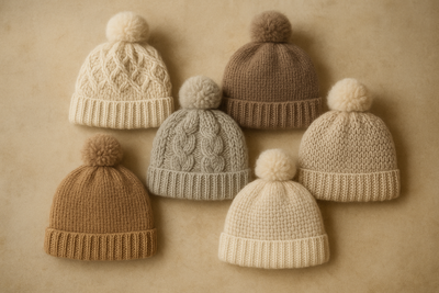 "Single image displaying multiple luxury alpaca knitted winter beanies for kids, showing various colors, textures, and patterns, professional photography, old-fashion elegant background, realistic knitted textures, soft neutral tones, luxury style, 1 image per category, no text."