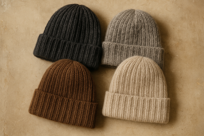 "Single image showing multiple luxury winter alpaca knitted beanies for men, in different colors and textures, professional photography, old-fashion elegant background, realistic thick knitted textures, neutral tones, high-quality, elegant style, 1 category image, no text."