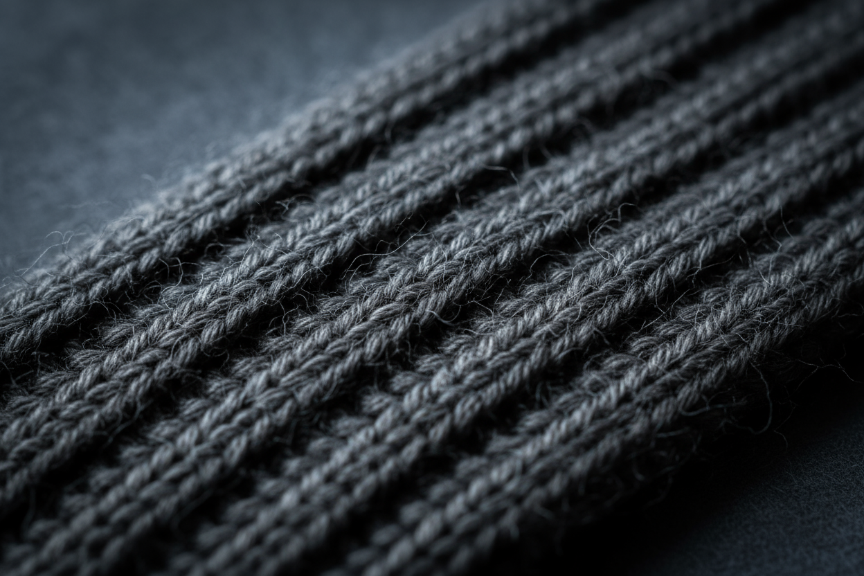 Ultra-detailed macro close-up of the Rib Alpaca Scarf – Charcoal, showing the deep rib structure and fiber halo of 100% baby alpaca yarn. Knit density: heavy weight, 7-gauge, 2.5 mm relief depth. Lighting angled from upper left (35mm macro lens, f/2.8) to capture stitch precision, soft fiber edges, and tonal gradient in the charcoal shade. Emphasize tactile softness, matte texture, and subtle sheen across the rib ridges. Background softly blurred in a matching cool tone for elegant contrast.