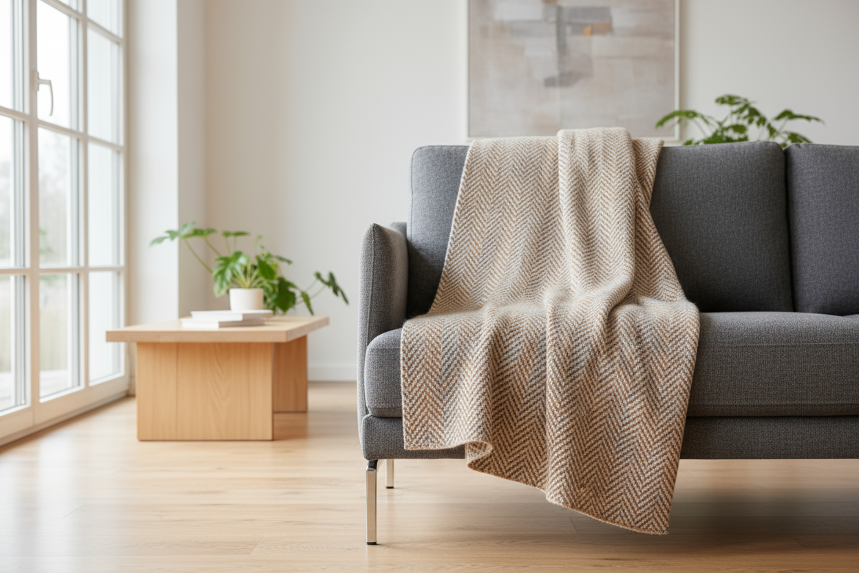 (1) Create a high-resolution, realistic e-commerce image of the Alpaca Herringbone Throw.
(2) Display the throw neatly folded or draped over a sofa, chair, or bed, showing the herringbone pattern clearly.
(3) The throw should appear soft, luxurious, and handcrafted, with visible texture of the alpaca fiber.
(4) Use neutral and earthy tones (beige, camel, grey, ivory) to highlight elegance and versatility.
(5) The scene should be a modern, upscale home or boutique interior, well-lit with soft natural light.
