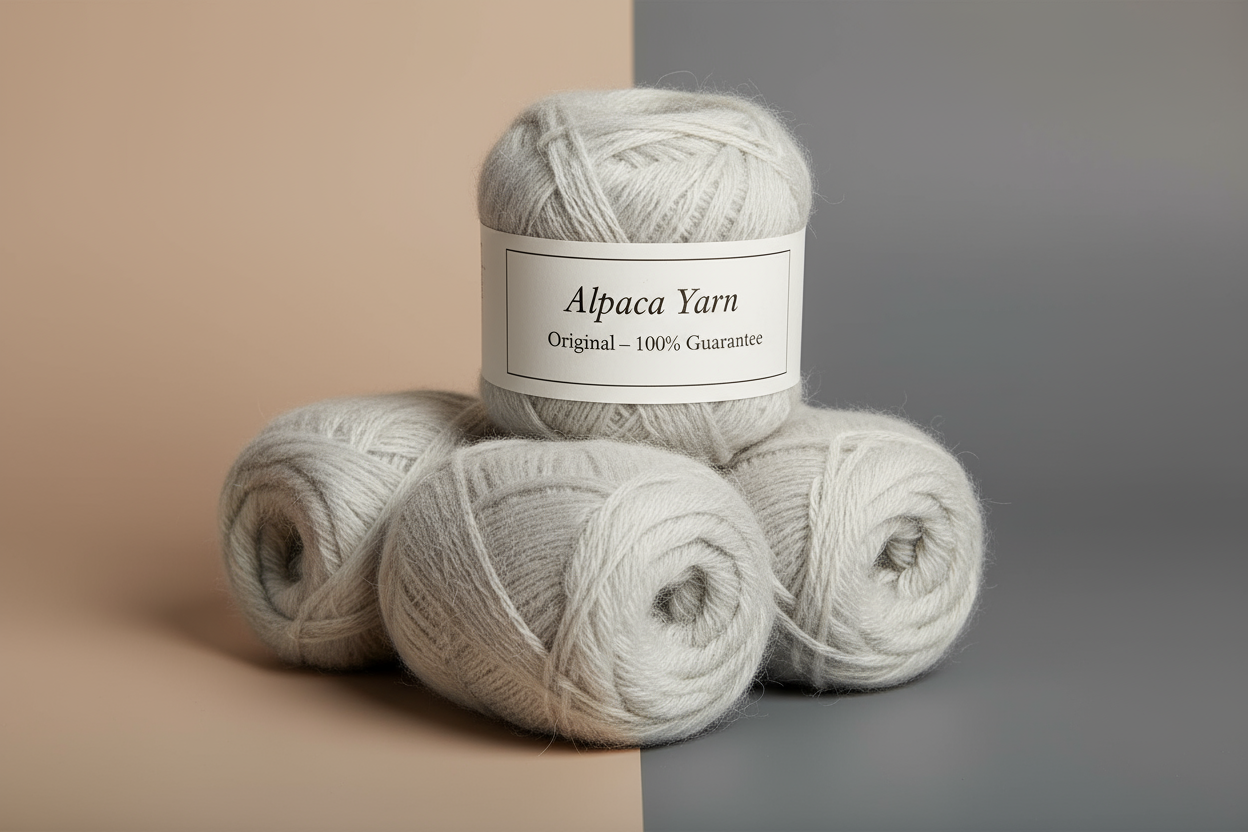 (1) Generate a high-res e-commerce image of a 50g Baby Alpaca Yarn skein in light grey, almost white, hairy and textured.
(2) Show it neatly coiled or stacked, highlighting the soft alpaca fibers.
(3) Add a generic elegant label: "Alpaca Yarn Original – 100% Guarantee", minimalist, European style.
(4) Make it premium, professional, B2B ready.
(5) Place on a neutral or contrasting background that makes the color stand out.
(6) No people, focus on texture and color.
(7) Ensure it looks realistic and high-qual