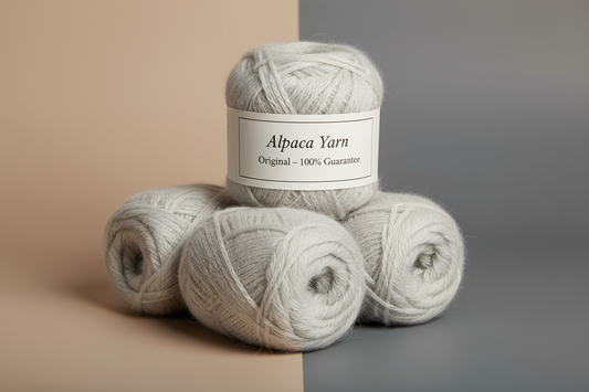 (1) Generate a high-res e-commerce image of a 50g Baby Alpaca Yarn skein in light grey, almost white, hairy and textured.
(2) Show it neatly coiled or stacked, highlighting the soft alpaca fibers.
(3) Add a generic elegant label: "Alpaca Yarn Original – 100% Guarantee", minimalist, European style.
(4) Make it premium, professional, B2B ready.
(5) Place on a neutral or contrasting background that makes the color stand out.
(6) No people, focus on texture and color.
(7) Ensure it looks realistic and high-qual