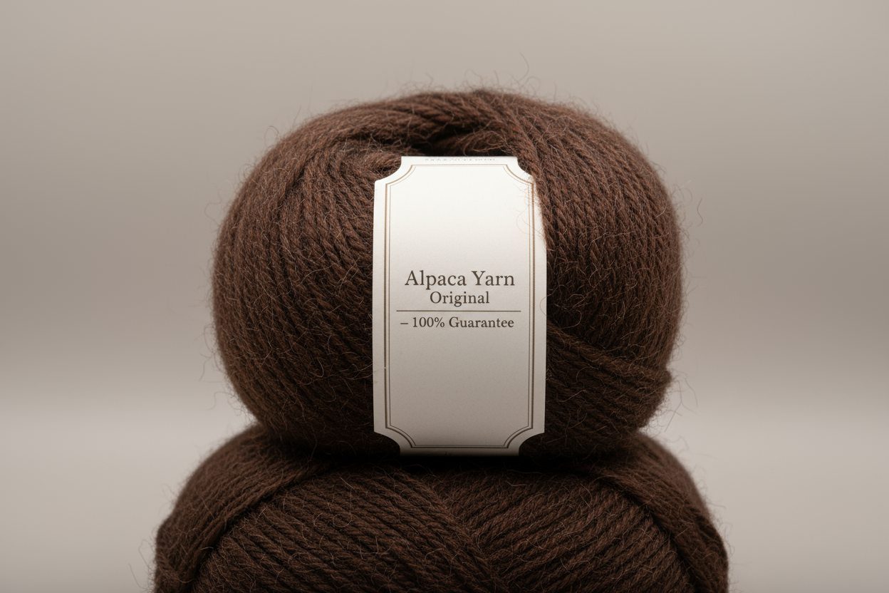 (1) High-res e-commerce image of a 50g Baby Alpaca Yarn skein in dark brown, rich alpaca/tierra tone, hairy and textured, medium-weight yarn for hand-knitting.
(2) Neatly coiled or stacked, highlighting soft alpaca fibers and yarn thickness.
(3) Add a generic elegant label: "Alpaca Yarn Original – 100% Guarantee", minimalist European style.
(4) Premium, professional, B2B ready.
(5) Neutral or contrasting background to make the color stand out.
(6) No people, focus on texture, color, and thickness.
(7) Reali