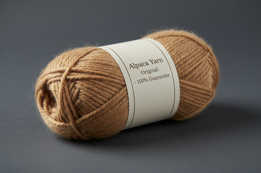 (1) High-res e-commerce image of a 50g Baby Alpaca Yarn skein in light brown, natural alpaca/tierra tone, hairy and textured, medium-weight yarn suitable for hand-knitting.
(2) Neatly coiled or stacked, highlighting soft alpaca fibers and yarn thickness.
(3) Add a generic elegant label: "Alpaca Yarn Original – 100% Guarantee", minimalist European style.
(4) Premium, professional, B2B ready.
(5) Neutral or contrasting background to make the color stand out.
(6) No people, focus on texture, color, and thickne