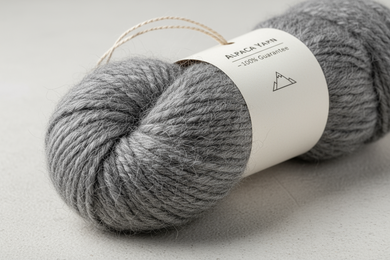 (1) High-res e-commerce image of a 50g Baby Alpaca Yarn skein in medium grey, hairy and textured.
(2) Neatly coiled or stacked, highlighting soft alpaca fibers.
(3) Add a generic elegant label: "Alpaca Yarn Original – 100% Guarantee", minimalist European style.
(4) Premium, professional, B2B ready.
(5) On a neutral or contrasting background to make the color stand out.
(6) No people, focus on texture and color.
(7) Realistic, high-quality, e-commerce ready.