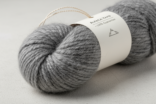 (1) High-res e-commerce image of a 50g Baby Alpaca Yarn skein in medium grey, hairy and textured.
(2) Neatly coiled or stacked, highlighting soft alpaca fibers.
(3) Add a generic elegant label: "Alpaca Yarn Original – 100% Guarantee", minimalist European style.
(4) Premium, professional, B2B ready.
(5) On a neutral or contrasting background to make the color stand out.
(6) No people, focus on texture and color.
(7) Realistic, high-quality, e-commerce ready.