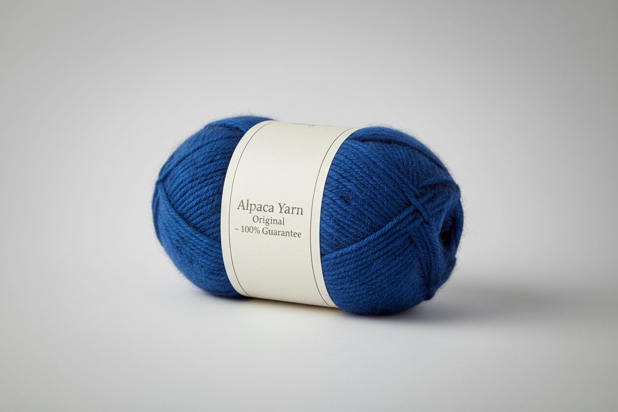 (1) High-res e-commerce image of a 50g Baby Alpaca Yarn skein in royal blue, alpaca fiber, hairy and textured, medium-weight yarn suitable for hand-knitting.
(2) Neatly coiled or stacked, highlighting soft alpaca fibers and consistent thickness.
(3) Add a generic elegant label: "Alpaca Yarn Original – 100% Guarantee", minimalist European style.
(4) Premium, professional, B2B ready, emphasizing luxury and commercial quality.
(5) Neutral or contrasting background to make the color stand out.
(6) No people, fo