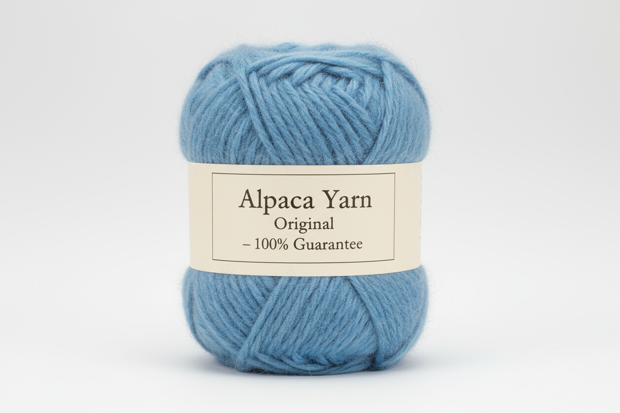 (1) High-res e-commerce image of a 50g Baby Alpaca Yarn skein in sky blue, alpaca fiber, hairy and textured, medium-weight yarn suitable for hand-knitting.
(2) Neatly coiled or stacked, highlighting soft alpaca fibers and consistent thickness.
(3) Add a generic elegant label: "Alpaca Yarn Original – 100% Guarantee", minimalist European style.
(4) Premium, professional, B2B ready, emphasizing luxury and commercial quality.
(5) Neutral or contrasting background to make the color stand out.
(6) No people, focu