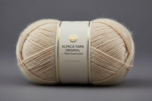 (1) High-res e-commerce image of a 50g Baby Alpaca Yarn skein in very light beige, soft and natural alpaca tone, hairy and textured, medium-weight yarn suitable for hand-knitting.
(2) Neatly coiled or stacked, highlighting soft alpaca fibers and consistent thickness.
(3) Add a generic elegant label: "Alpaca Yarn Original – 100% Guarantee", minimalist European style.
(4) Premium, professional, B2B ready, emphasizing luxury and commercial quality.
(5) Neutral or contrasting background to make the color stand 