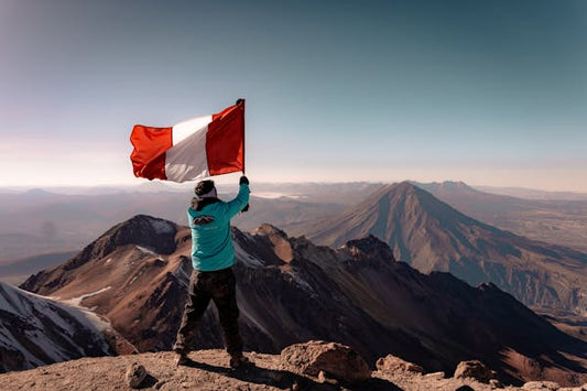 Person on a mountain top holding a flag with a clear sky and landscape in the background