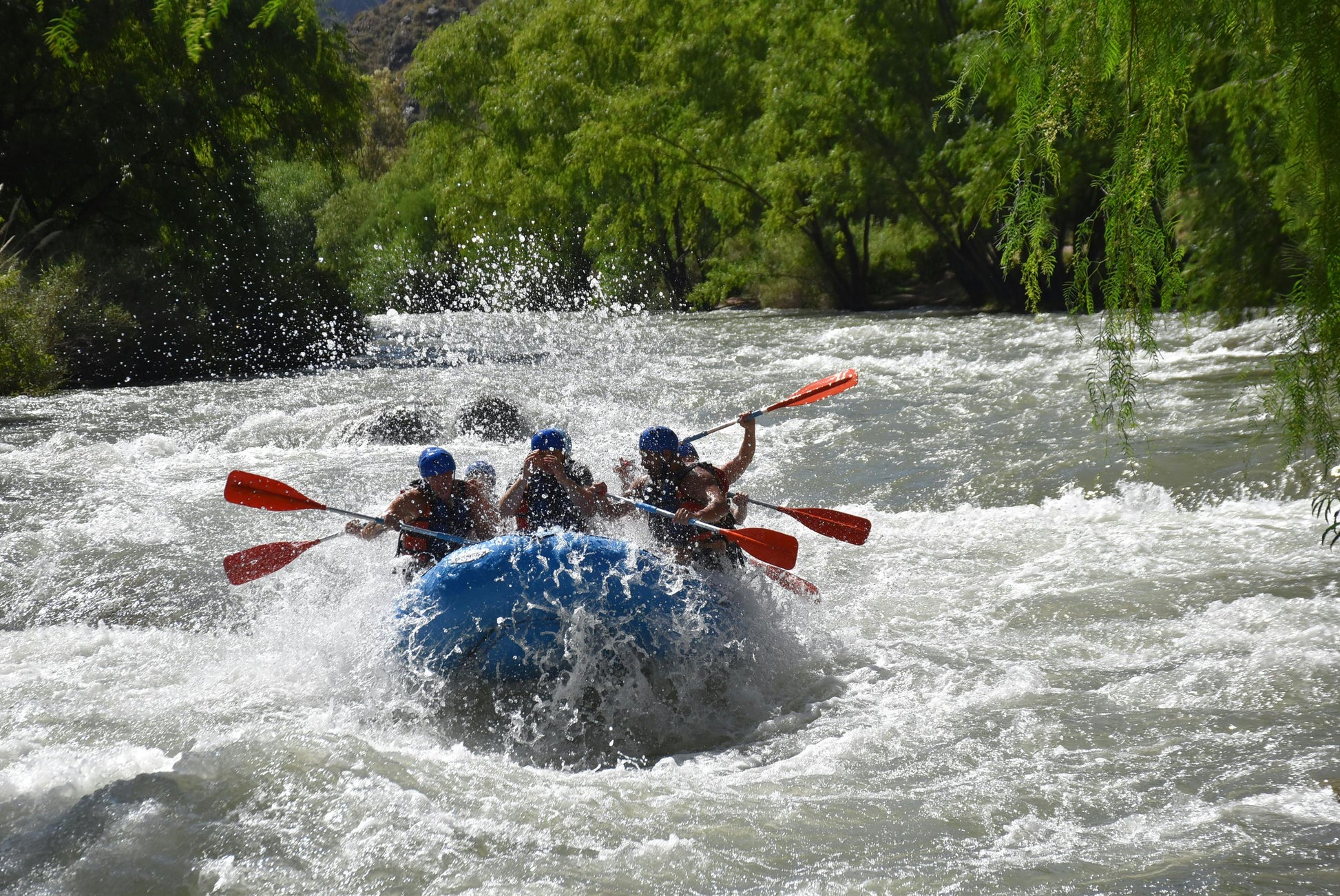 People rafting in a blue raft on a river with trees in the background