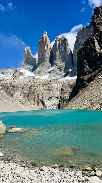 Lake with towering rock formations under a blue sky