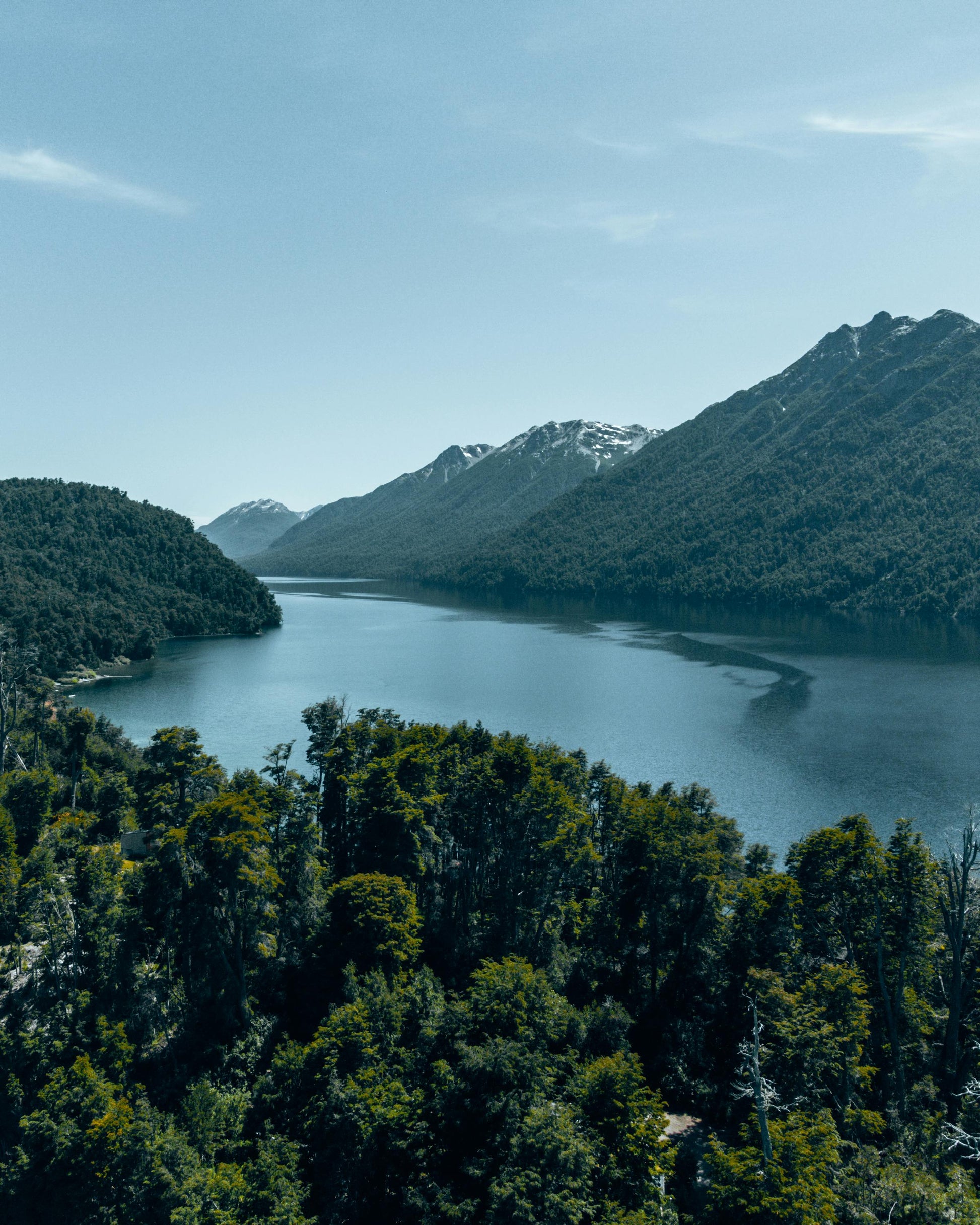 Lake surrounded by mountains and trees under a clear blue sky